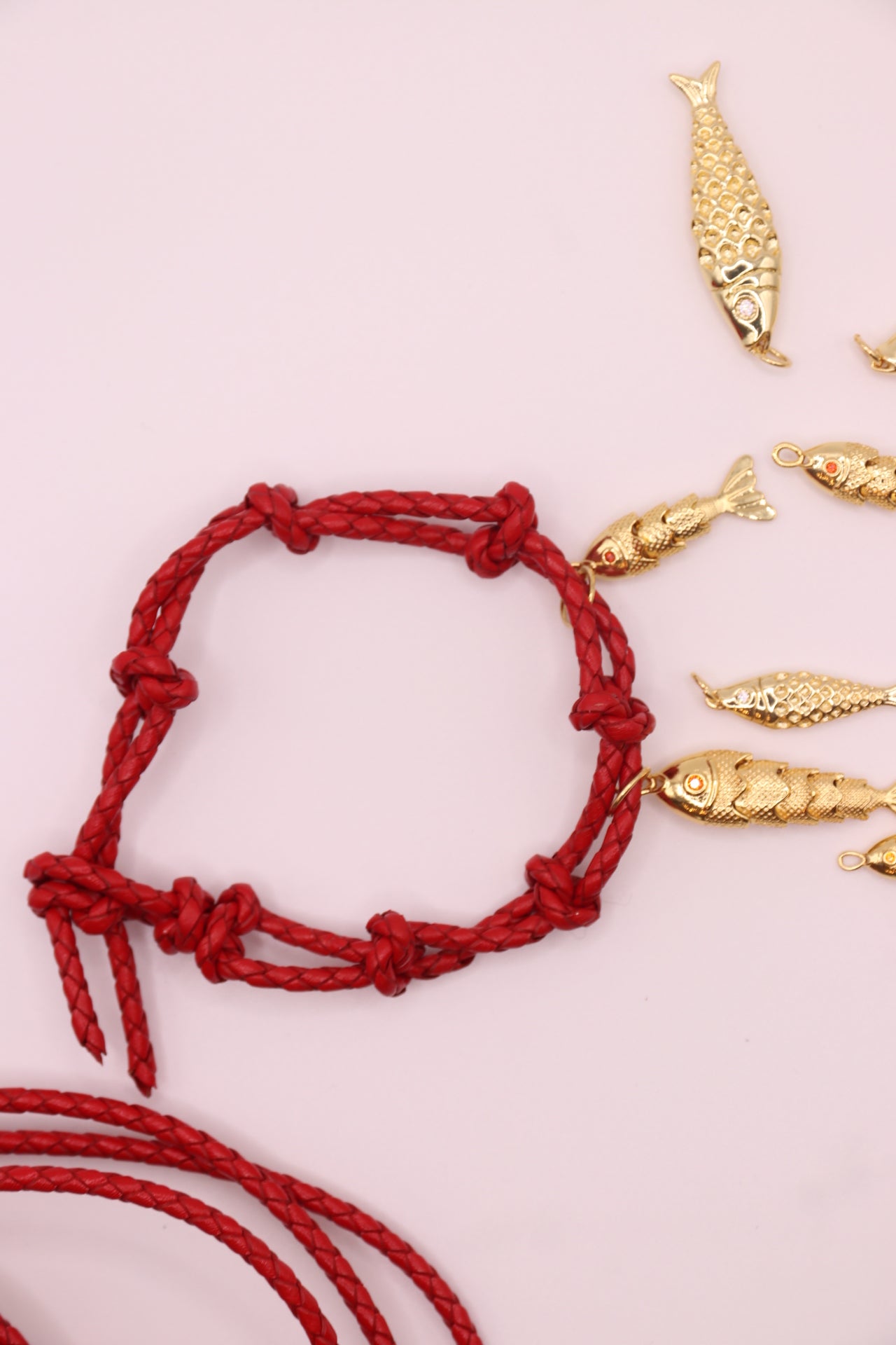 Artisan Lucky Fish | Bracelet| 14k Gold Filled, Red Leather.