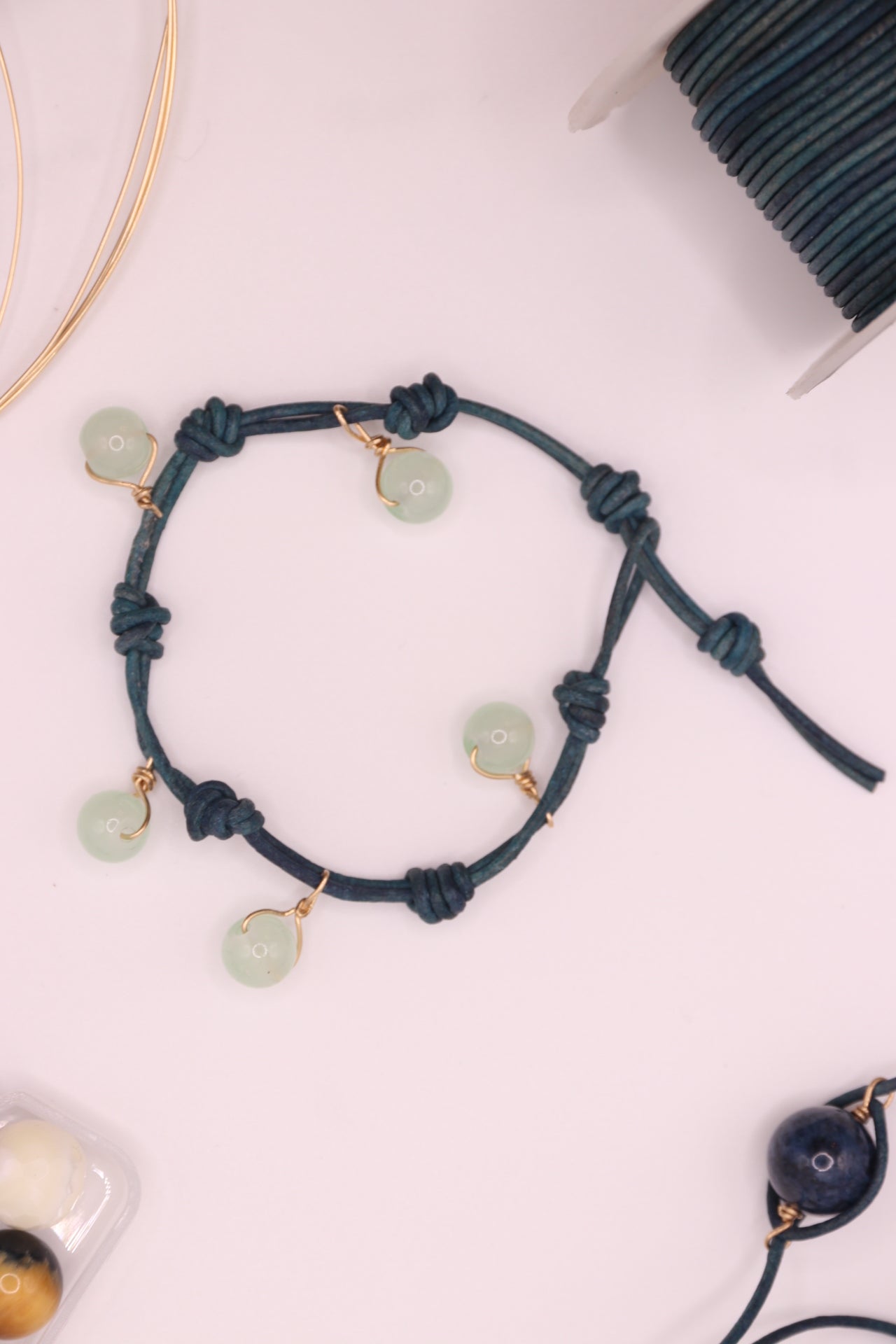 Seafoam Dreams | Bracelet | Light Green Aventurine, 14k Gold Filled, Blue Leather,