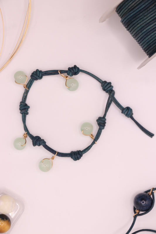 Seafoam Dreams | Bracelet | Light Green Aventurine, 14k Gold Filled, Blue Leather,